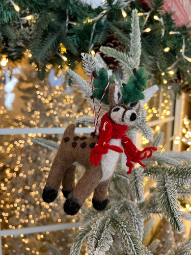 Felt Reindeer with Spots and Scarf Ornament (6979300425794)