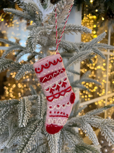 Pink,Red and White Embroidered Stocking Ornament (6979302948930)