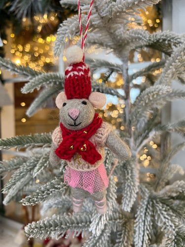 Felt Ballerina Mouse with Red Hat Ornament (6979297968194)