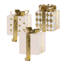Load image into Gallery viewer, 3 Asst White and Gold Gift Box Stocking Holders (7358151360578)