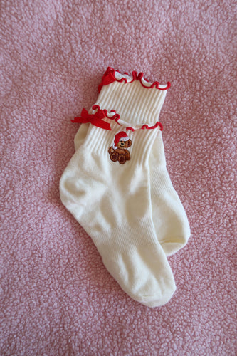 Christmas Teddy Red Frill Bow Socks - PRE ORDER (7215562358850)