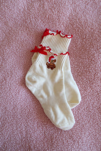 Christmas Teddy Red Frill Bow Socks - PRE ORDER (7215562358850)
