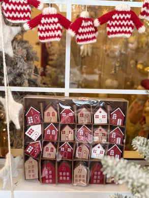 LAST ONES!! Wood Advent Calendar Houses, Red, White & Natural, Boxed Set of 24