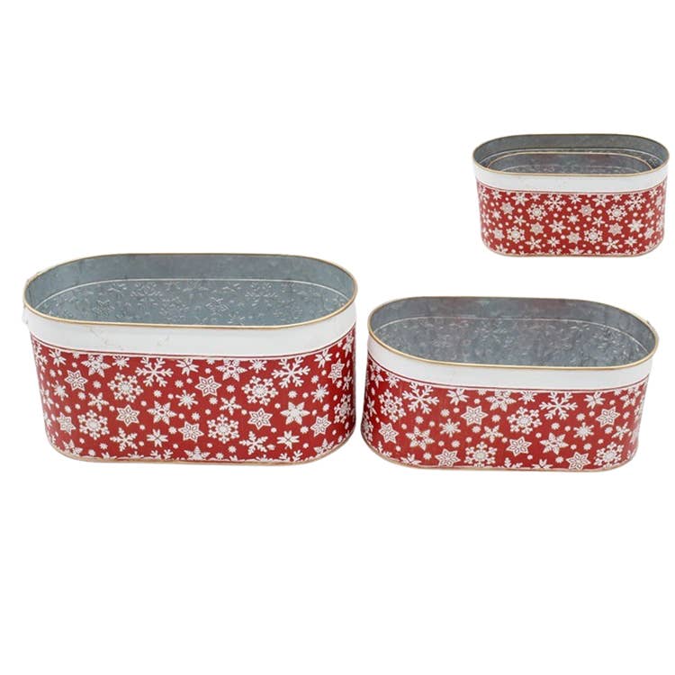 Set of 2 Long Oval Red Buckets with Snowflakes (7330233974850)