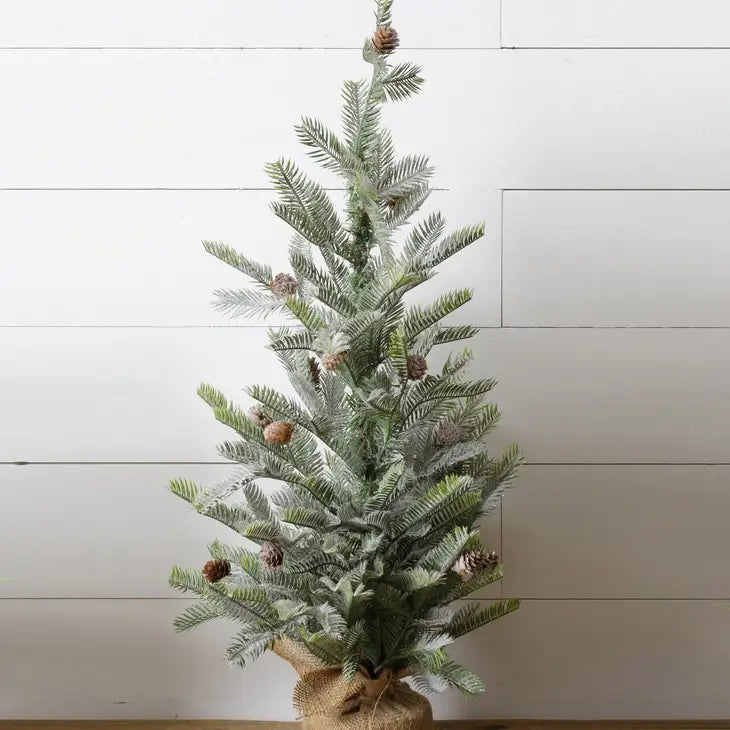 PRE ORDER - Frosted Evergreen Tree in Burlap Bag with Cones (6959246999618)