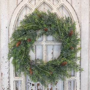 G191417 - 20" Snowy Green Pine & Cone Wreath (6695532986434)