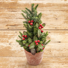 Load image into Gallery viewer, G191554 - 12&quot; Potted Glittered Holly &amp; Pine Tree (6719971590210)