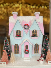 Load image into Gallery viewer, Pastel Blue Glitter Cottage with Snowman - TCM Glitter Village (6783028854850)