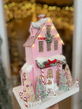 Load image into Gallery viewer, Pink Tall Glitter House with Deer - TCM Glitter Village (6783028822082)
