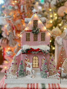 Pink Tall Glitter House with Deer - TCM Glitter Village (6783028822082)