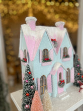 Load image into Gallery viewer, Pastel Blue Glitter Cottage with Snowman - TCM Glitter Village (6783028854850)