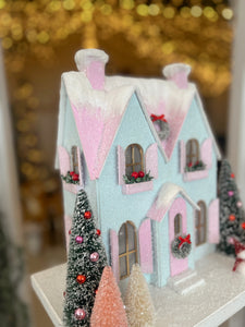 Pastel Blue Glitter Cottage with Snowman - TCM Glitter Village (6783028854850)
