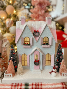 Pastel Blue Glitter Cottage with Snowman - TCM Glitter Village (6783028854850)
