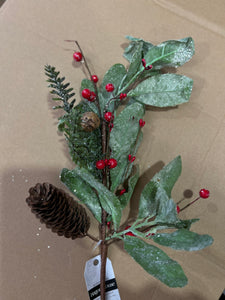 G191455 - 15" Icy Mixed Leaf Pick w/ Red Berries & Cones (6695532101698)