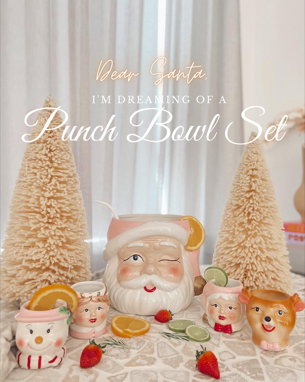 Vintage Pastel Santa Punch Bowl Set (6732148539458)