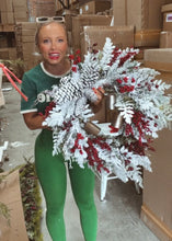 Load image into Gallery viewer, G201523 - 28&quot; Snow, Pine &amp; Berries and Cone Wreath with Bells (6864820404290)