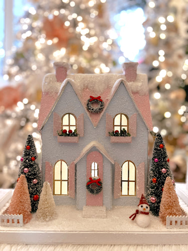 Pastel Blue Glitter Cottage with Snowman - TCM Glitter Village (6783028854850)